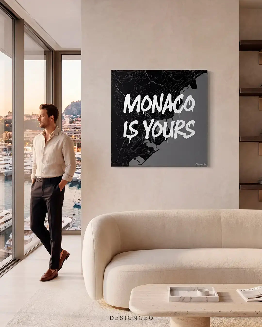 Modern interior displaying the Monaco map square canvas wall art above a sofa, adding a sophisticated metropolitan touch to executive offices or luxury Monte Carlo style livings