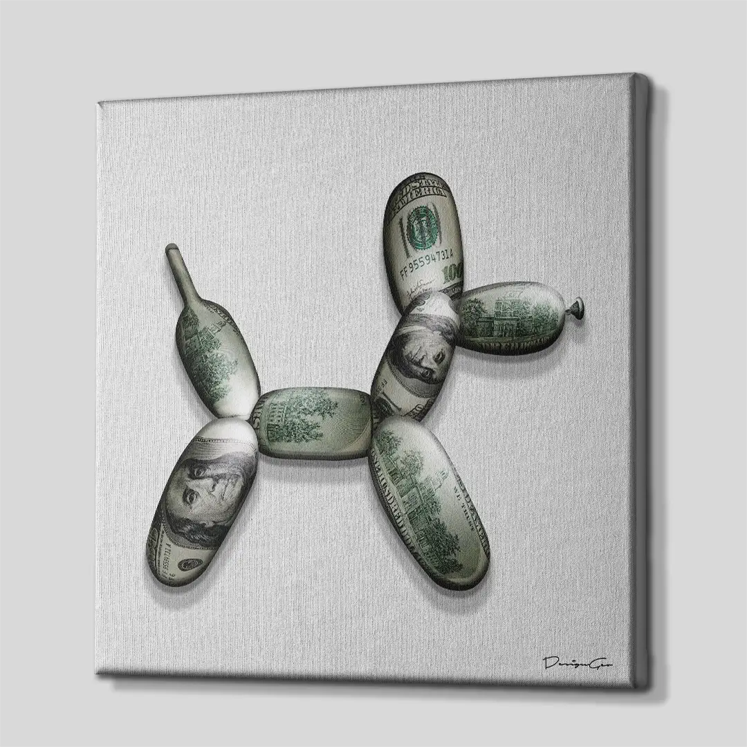 Side angle of the dollar bill texture balloon dog canvas print, highlighting the high-quality gallery wrap finish and professional 3D frame depth