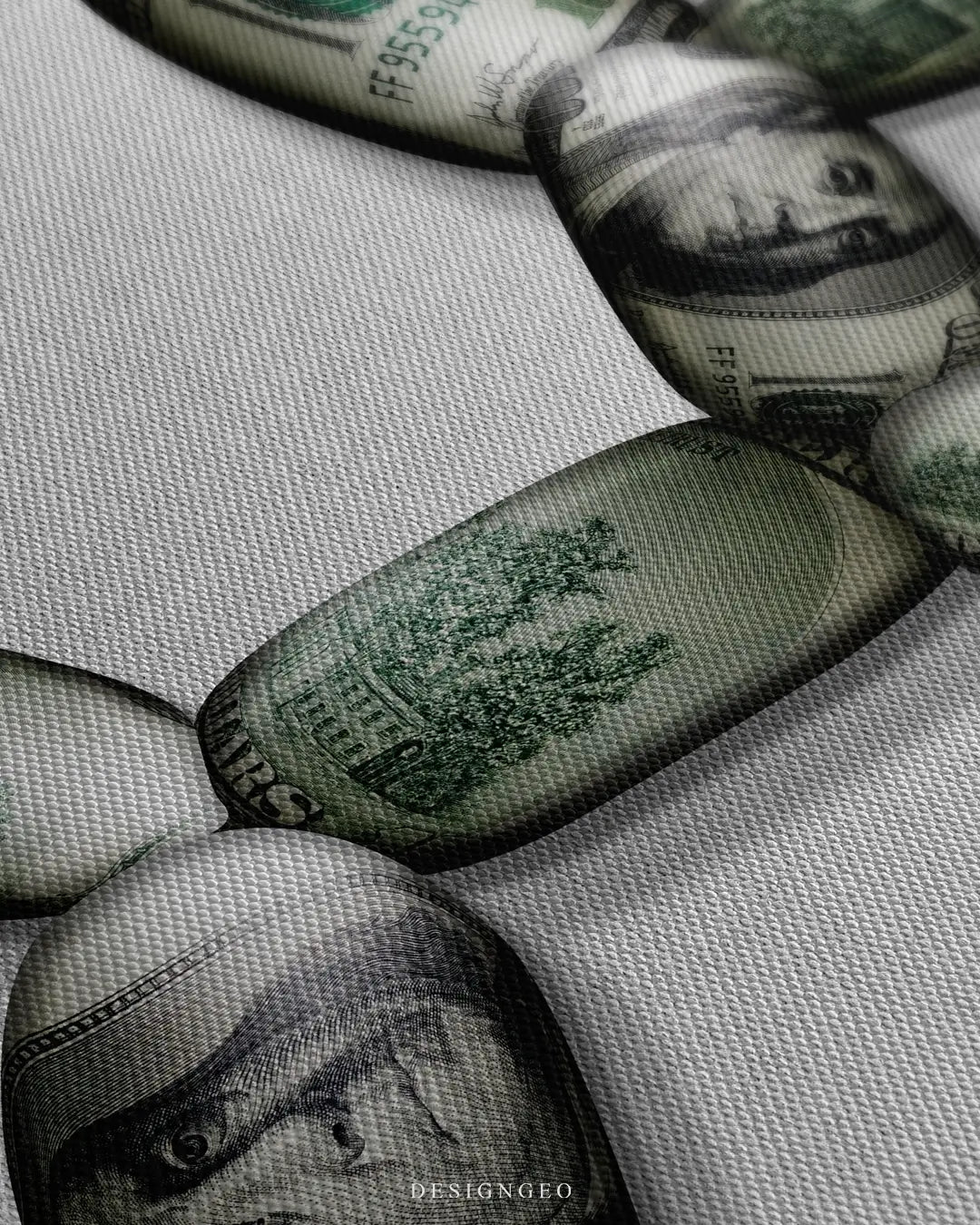 Close-up of modern pop art wall decor featuring a balloon dog sculpture with a detailed US dollar bill texture on a dark background