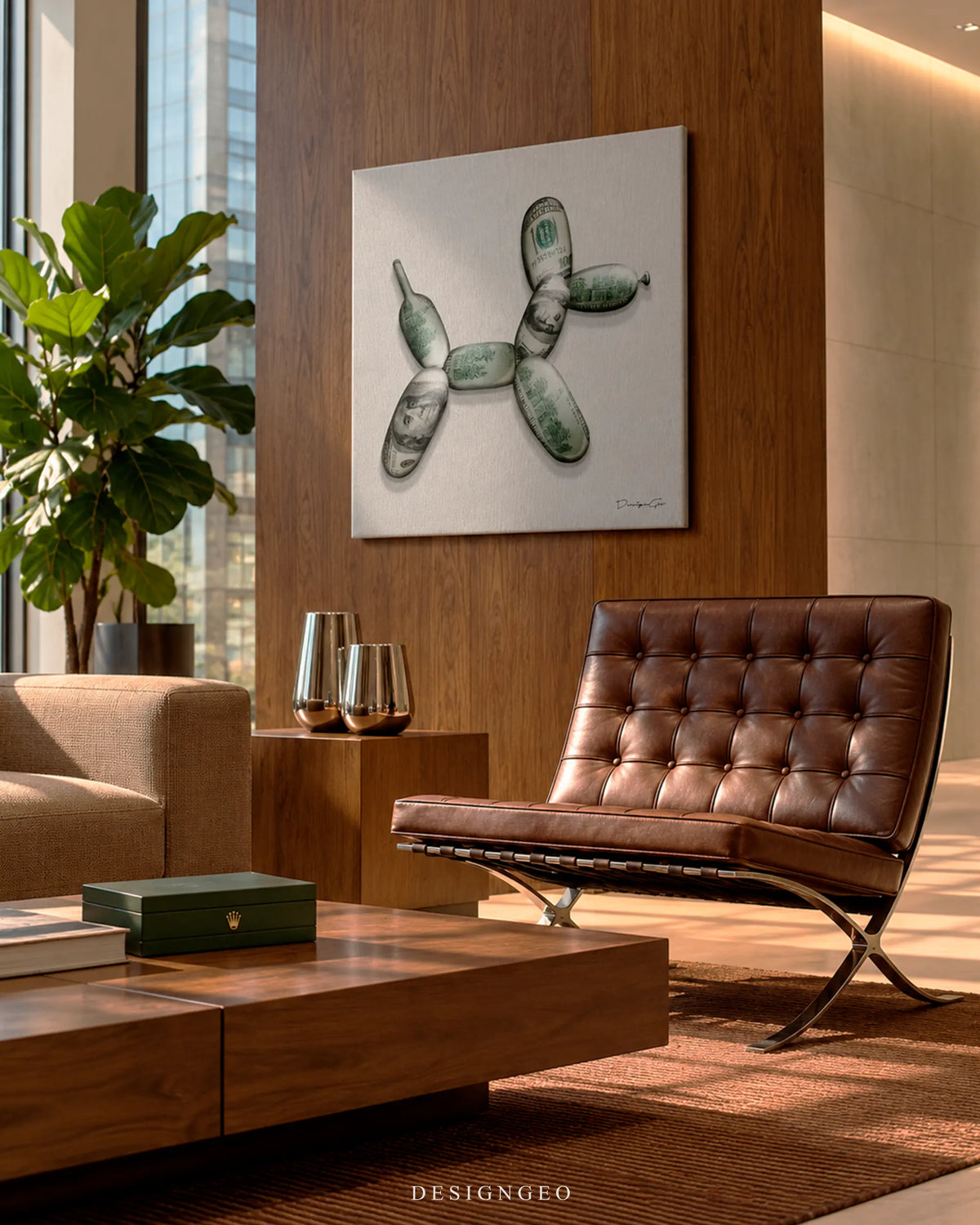 Money balloon dog square canvas wall art mounted on wood paneled wall above brown leather lounge chair in luxury living room 0.75 inch thin wrap
