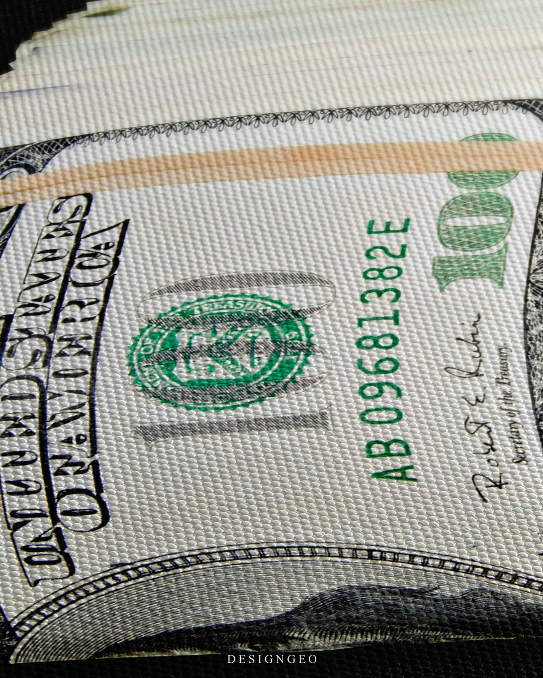 Close-up of motivational money art showing a stack of realistic hundred-dollar bills with detailed paper textures and the phrase "Money flows where energy goes" in modern typography