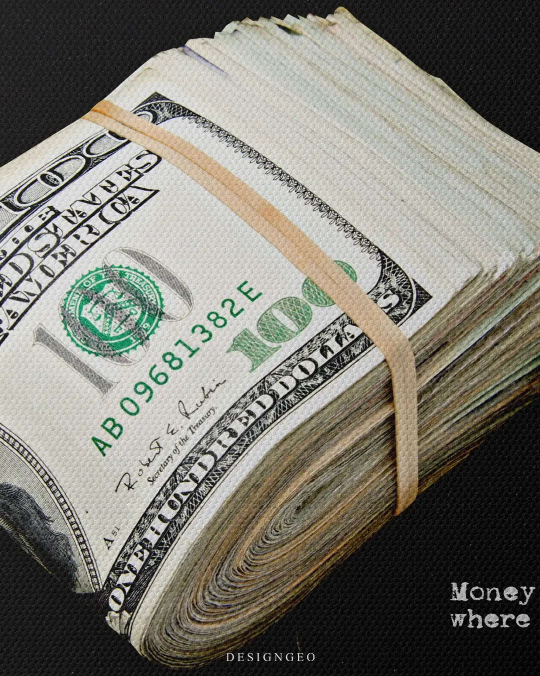 Inspirational canvas print featuring the quote "Money flows where energy goes" next to a large bundle of US dollars, symbolizing financial manifestation and focus on success