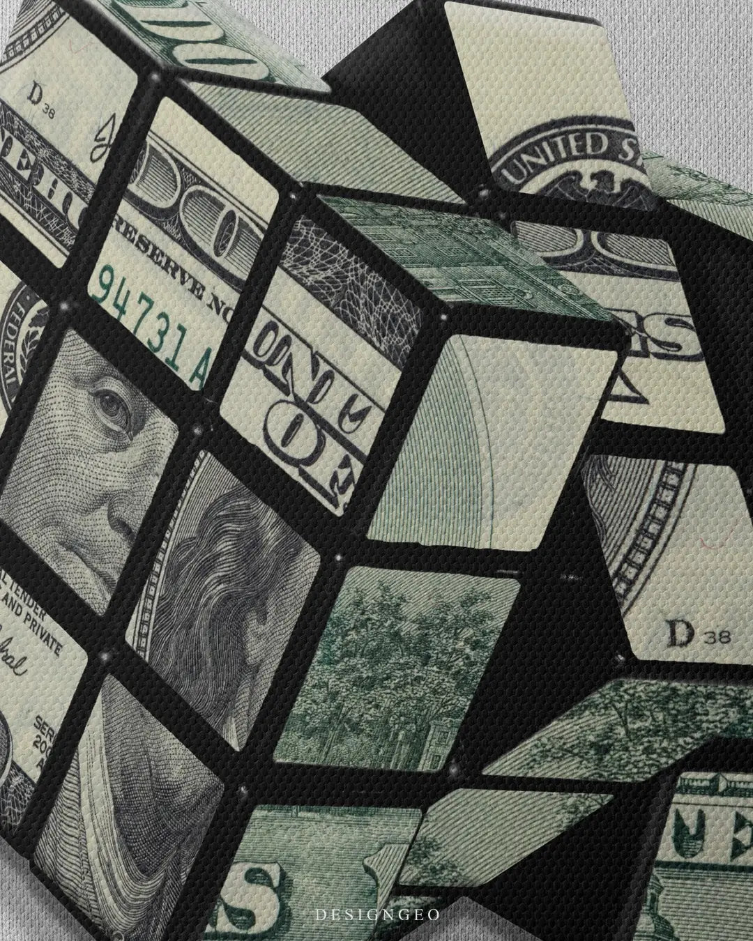 Artistic canvas illustration of a 3D money cube, symbolizing financial stability, wealth accumulation, and the strategic mindset of the money game