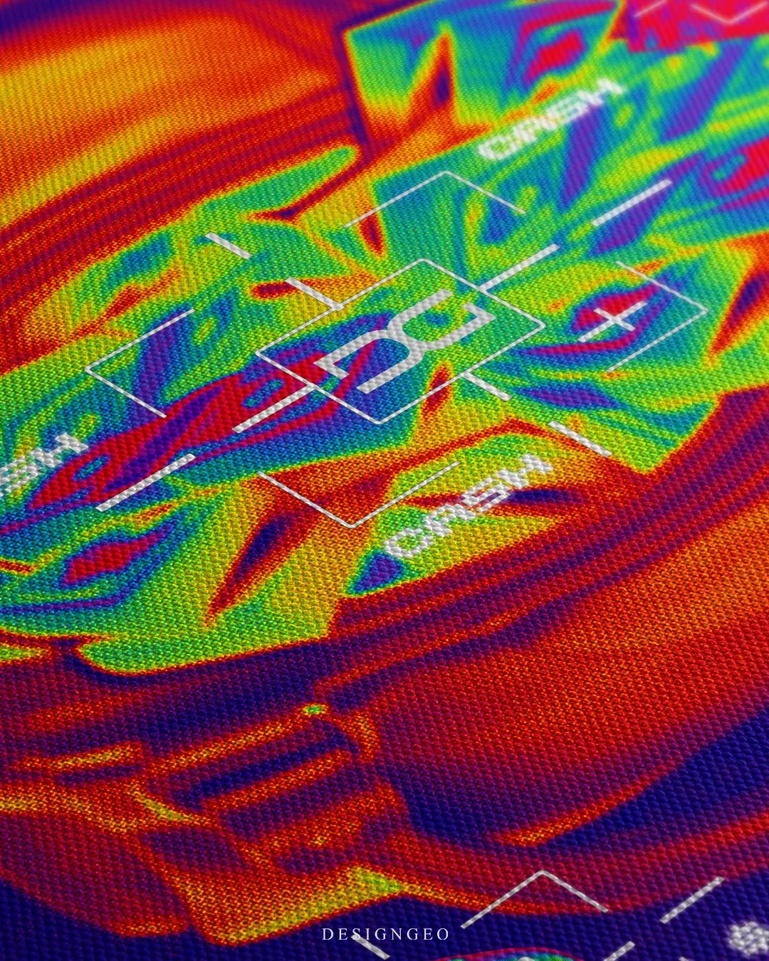Close-up of modern pop art featuring a duffel bag full of cash bundles in a vibrant thermal heat map style on a deep purple background