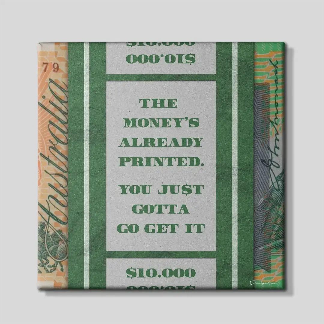 Front view of the 100 AUD bill square canvas print with financial motivation lettering, a premium decorative piece for modern bedrooms and executive workspaces