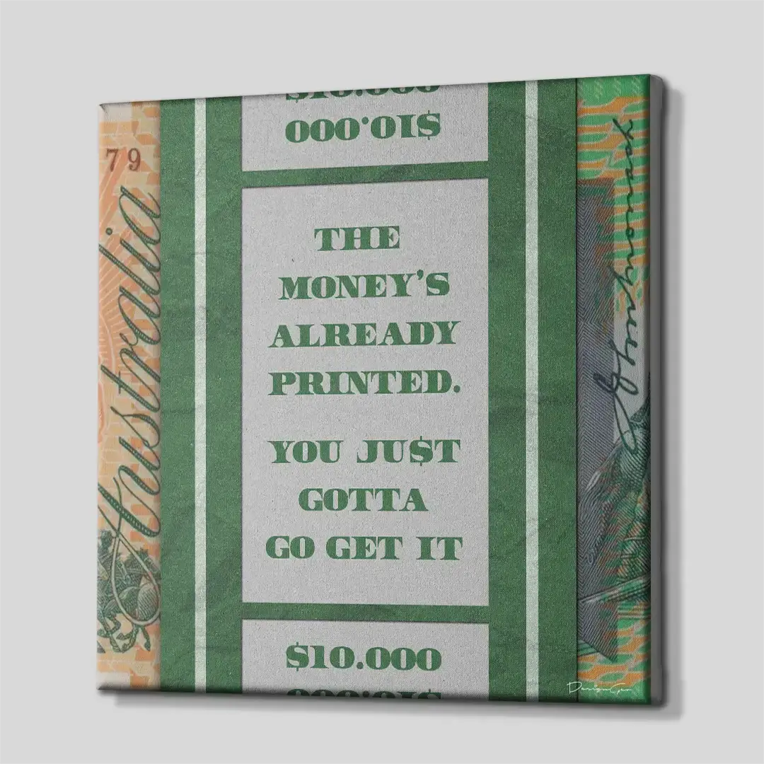 Side angle of the Australian currency abundance motivation canvas, highlighting the high-quality gallery wrap finish and the professional 3D frame depth