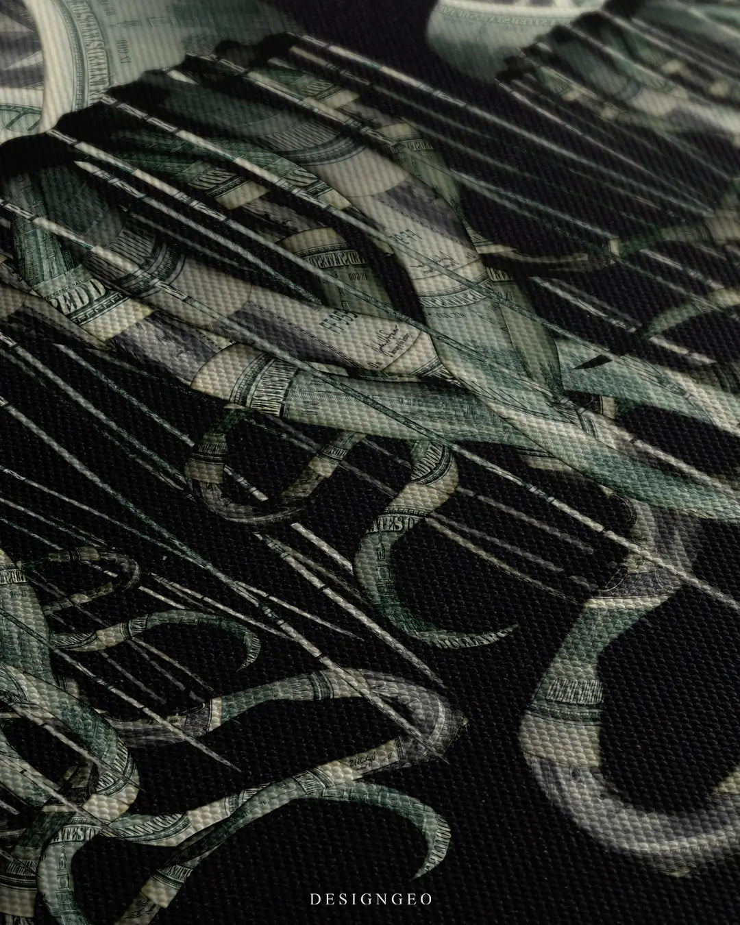 Close-up of modern money art showing three jellyfish with realistic hundred-dollar bill textures and intricate currency engravings on their bells