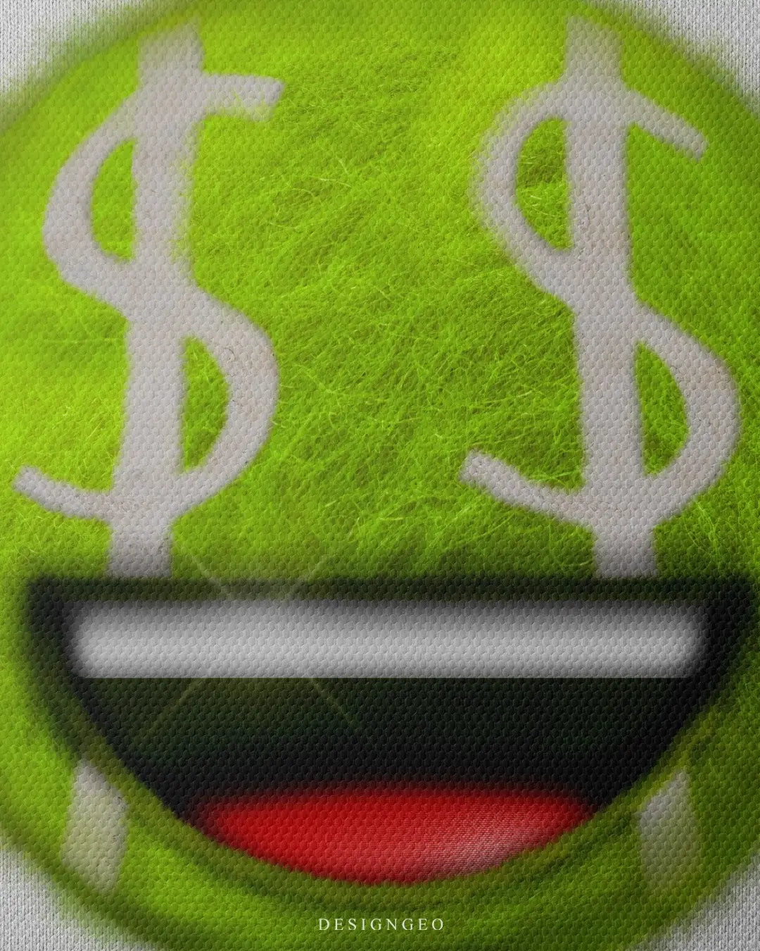 Artistic canvas illustration of a tennis ball with money eyes, symbolizing the focus on financial victory, high-performance mindset, and sports-inspired wealth