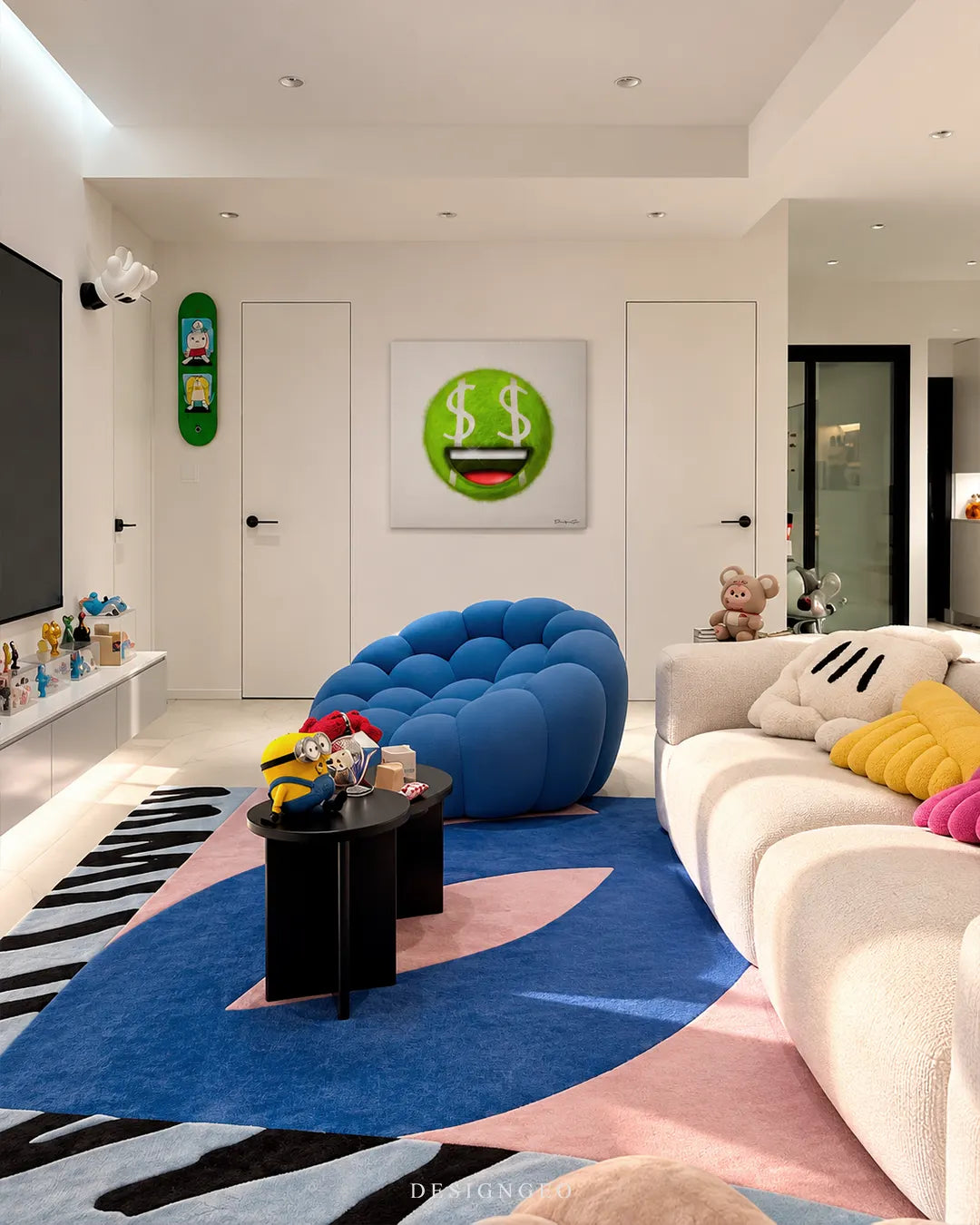 Green fuzzy tennis ball smiley face with dollar sign eyes square canvas wall art displayed on a white wall in a modern room above a blue tufted armchair 0.75 inch thin wrap