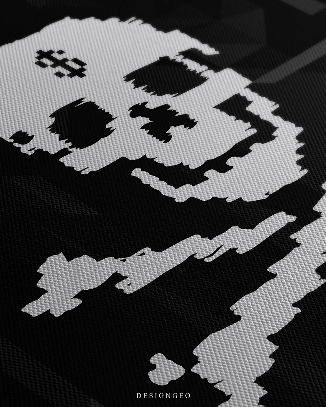 Close-up of modern money-themed wall art featuring a pirate skull designed with dollar bill textures on a solid black background