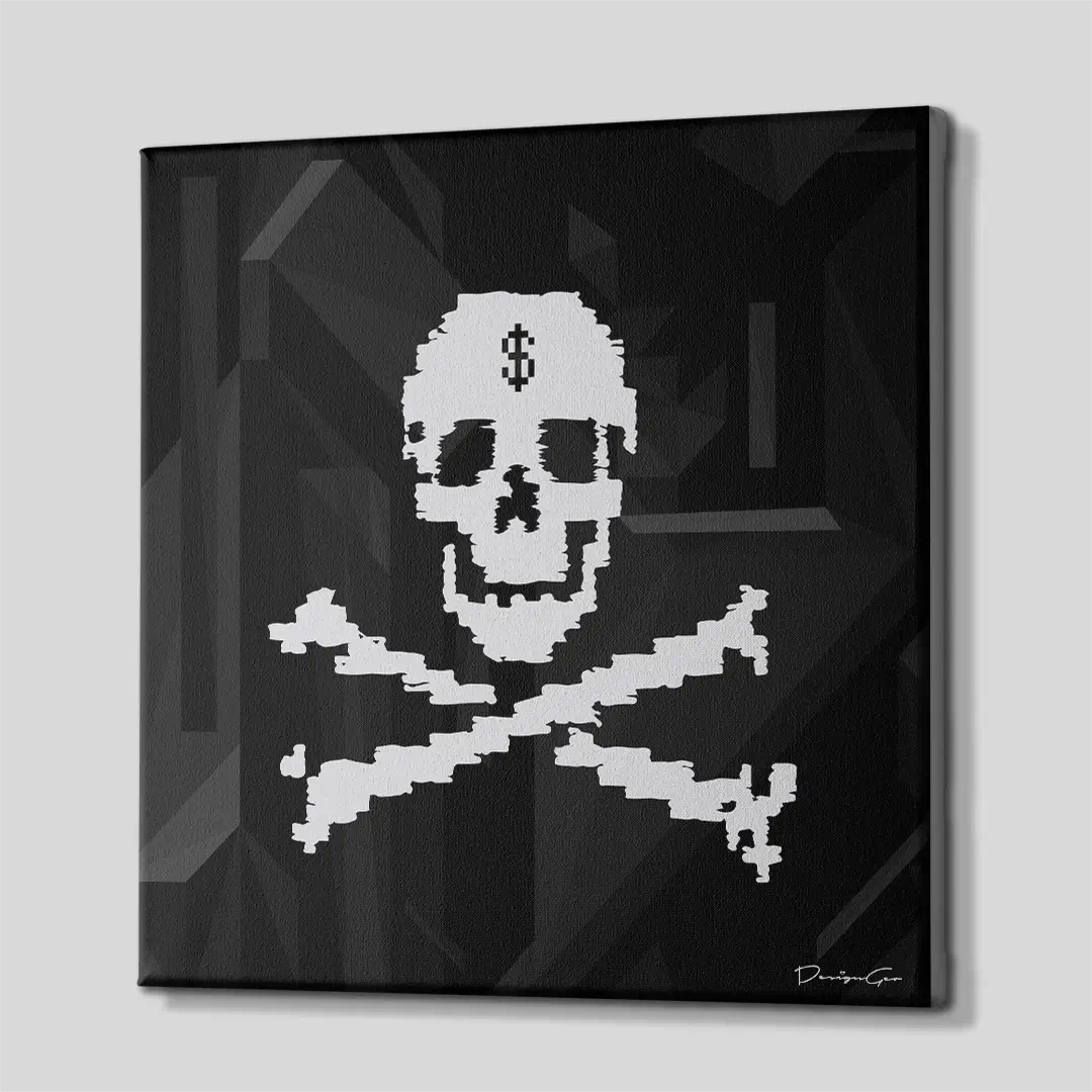 Side angle of the money-themed pirate skull motivation canvas print, highlighting the high-quality gallery wrap finish and the professional 3D frame depth
