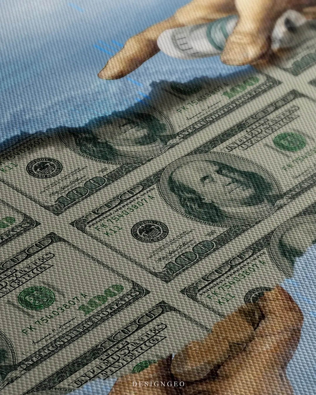 Close-up of modern wall art featuring two hands reaching toward each other over a surface peeling away to reveal $100 dollar bills on a sky background