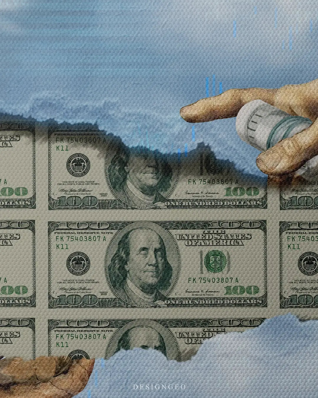 Artistic canvas illustration inspired by classical art, showing hands about to touch through a tear filled with money, symbolizing the birth of financial success