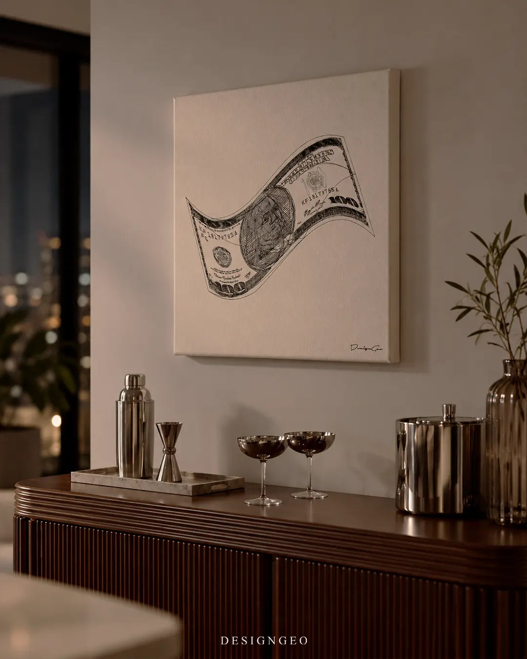 Money Outline hundred dollar bill sketch minimalist finance luxury square canvas wall art mounted on wall above credenza with barware decor 0.75 inch thin wrap