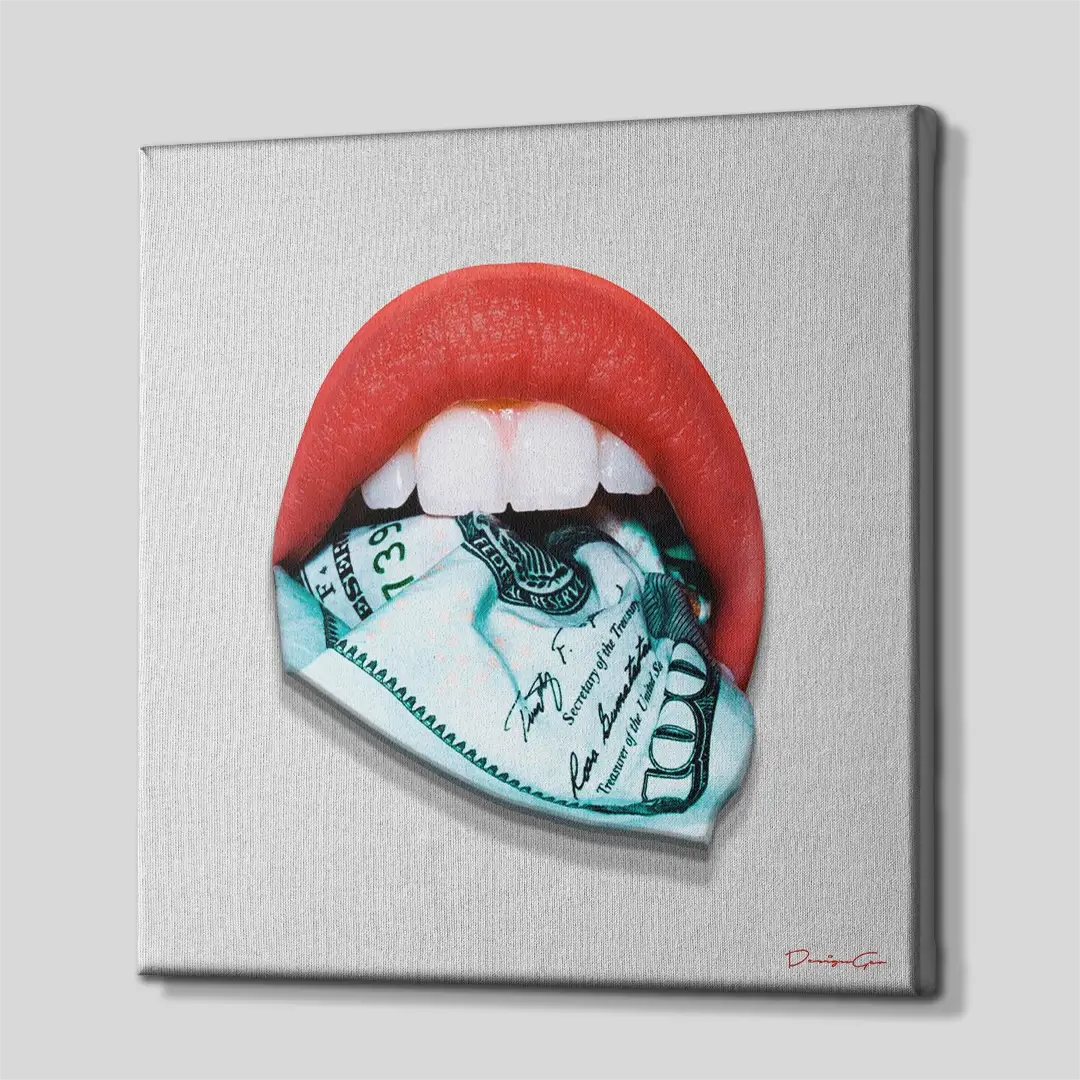 Side angle of the 100 dollar bill tongue canvas print, highlighting the high-quality gallery wrap finish and the professional 3D frame depth