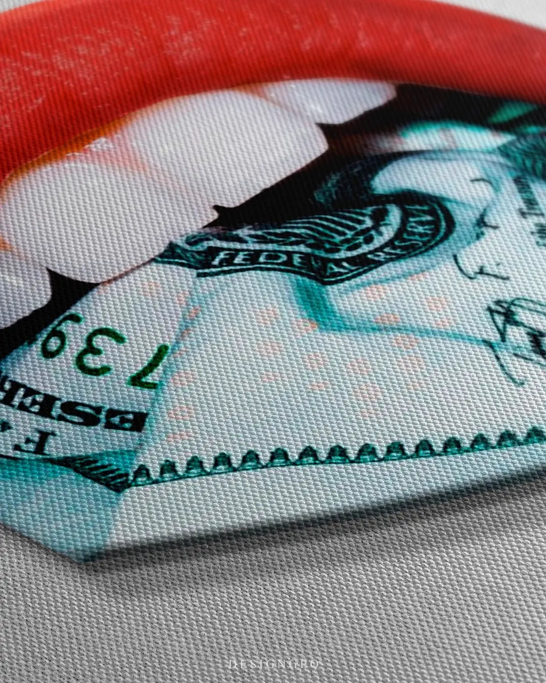 Close-up of modern pop art featuring a mouth with a tongue made of a realistic $100 dollar bill on a clean white background