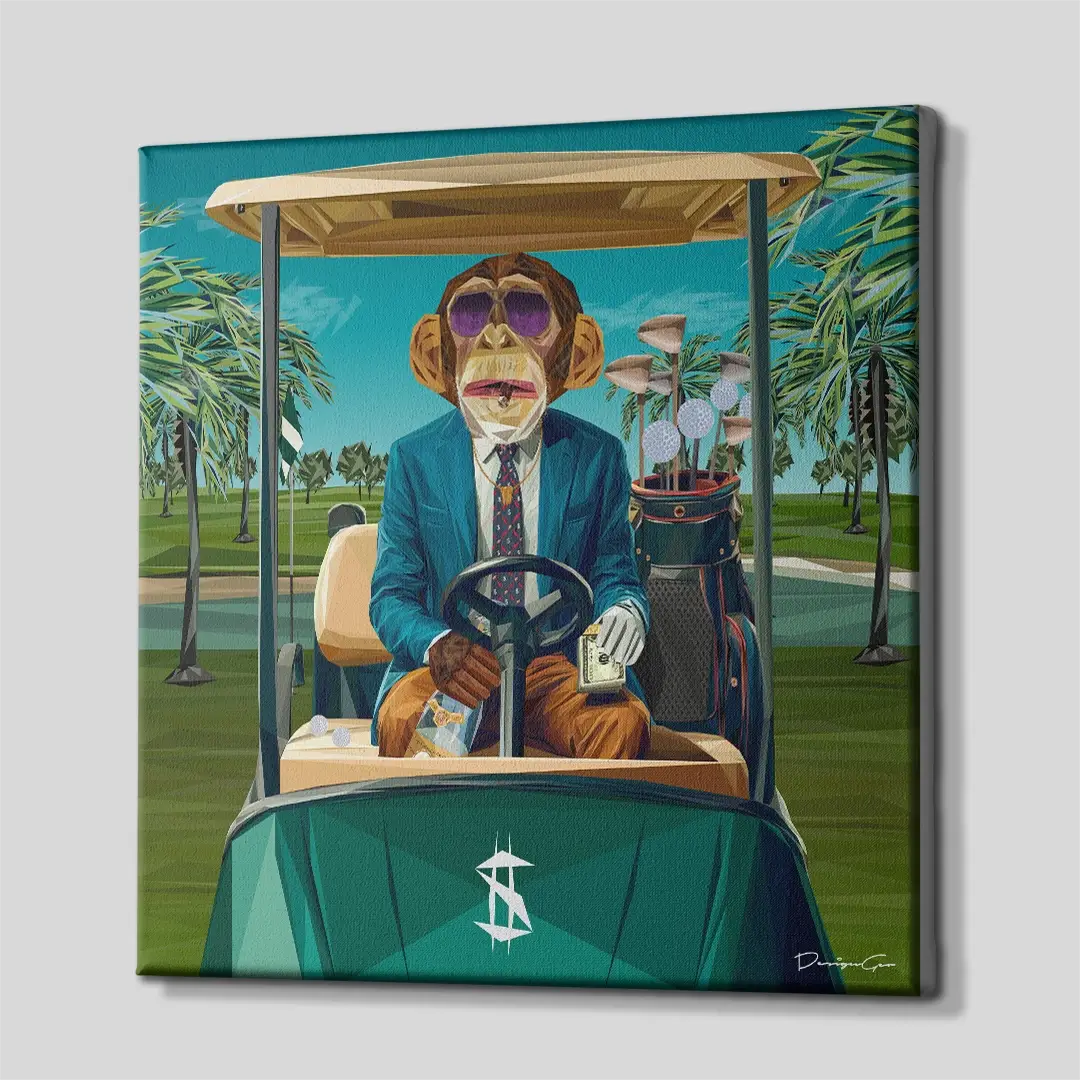 Side angle of the monkey counting money in a golf cart canvas print, highlighting the high-quality gallery wrap finish and professional 3D frame depth