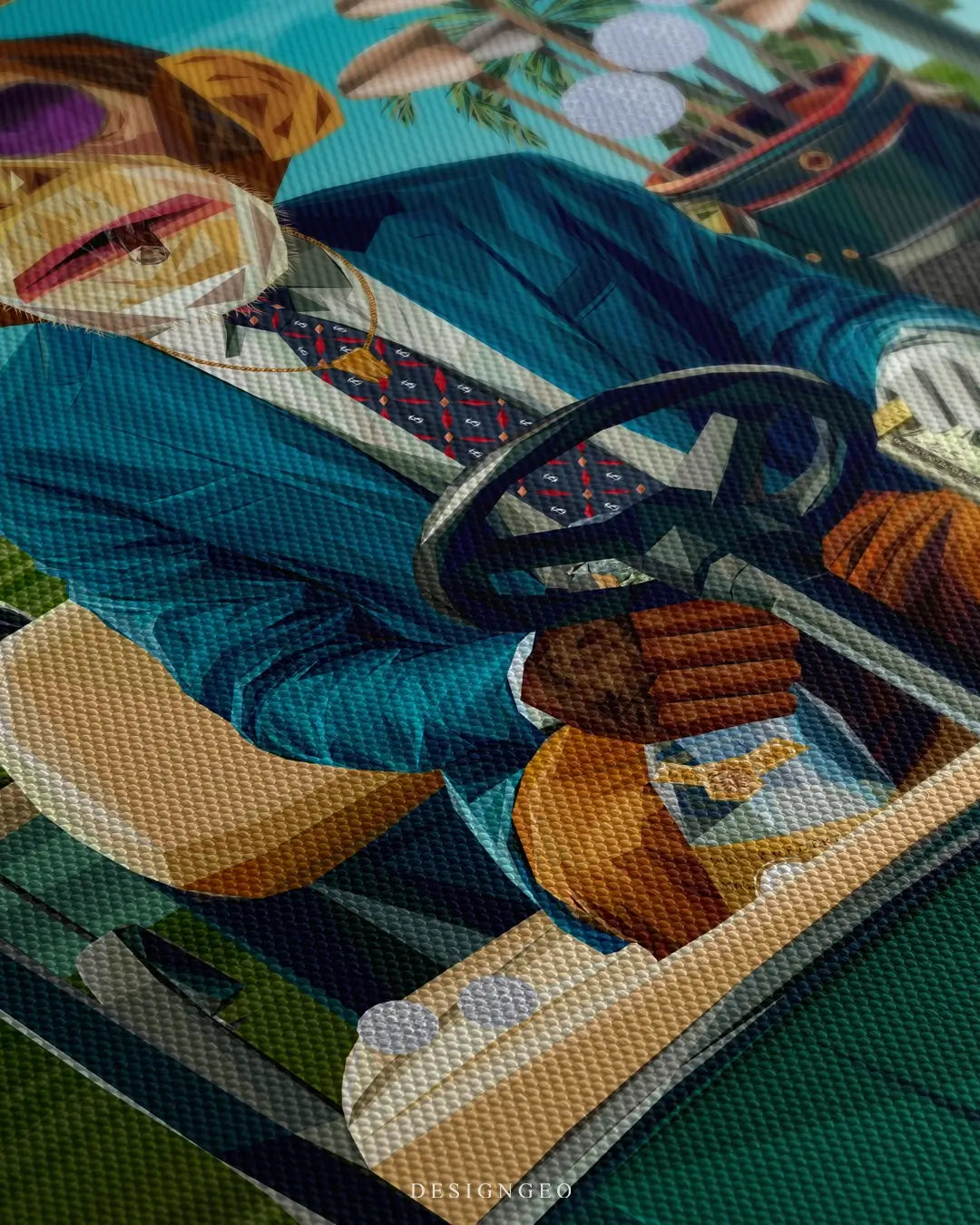 Close-up of pop art wall decor featuring a chimpanzee in a luxury golf cart counting a stack of cash with a tropical golf course background