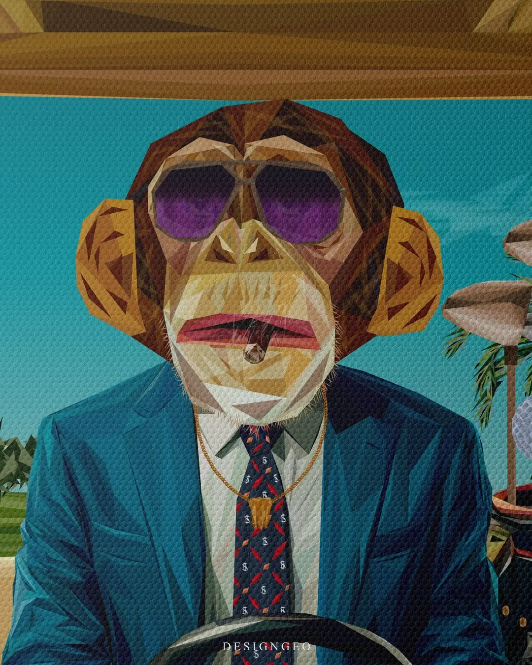 Vibrant pop art canvas illustration of a monkey driving a golf cart while holding dollar bills, symbolizing wealth and leisure in a colorful, modern style