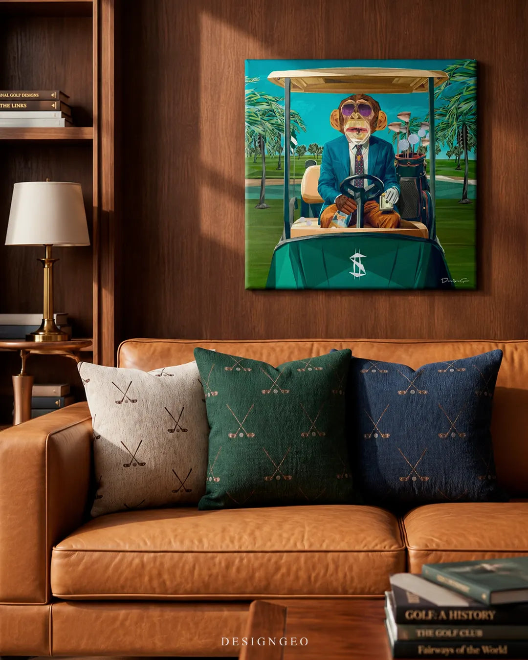 Square monkey in golf cart canvas print mounted on a dark wood-paneled wall above a tan leather sofa with golf-patterned pillows and golf history books