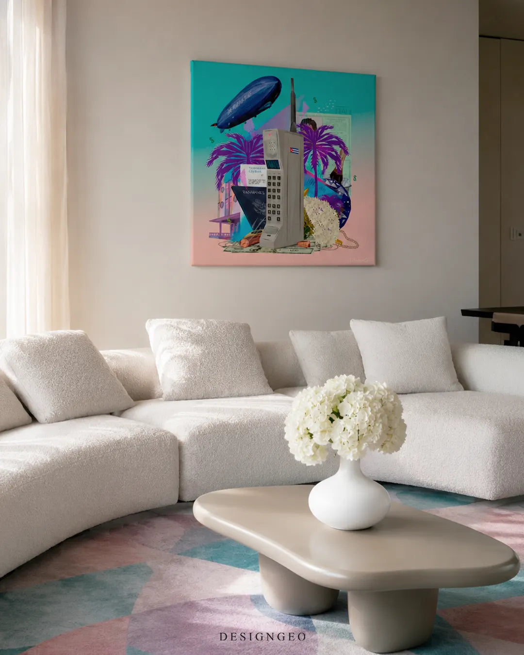 Square Miami legacy pop art canvas wall art mounted on a cream wall in a bright modern living room above a white bouclé sectional sofa and coffee table