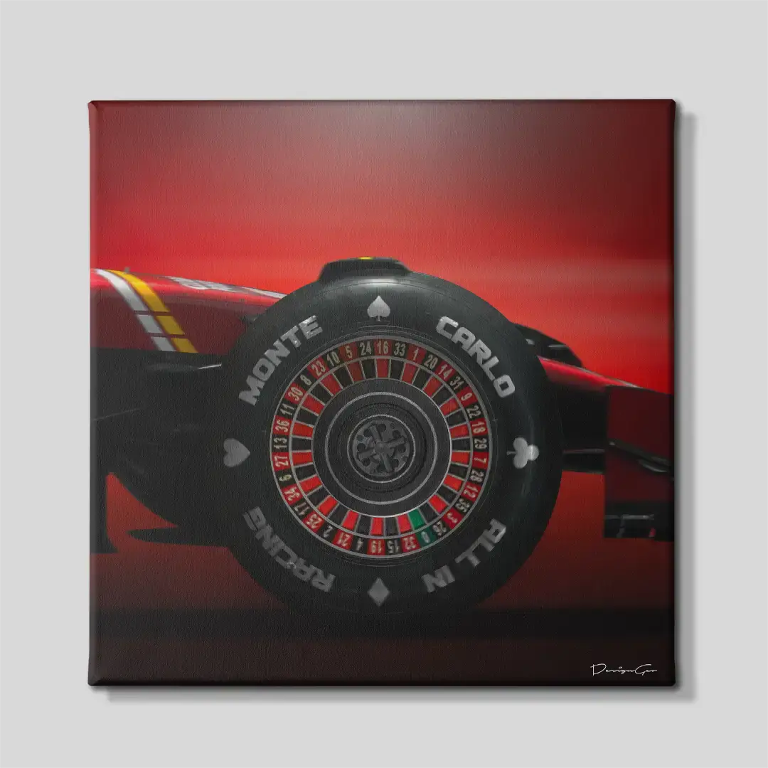 Front view of the Monte Carlo roulette race car square canvas wall art, a premium decorative piece for modern executive offices, high-end home bars, or luxury lounges