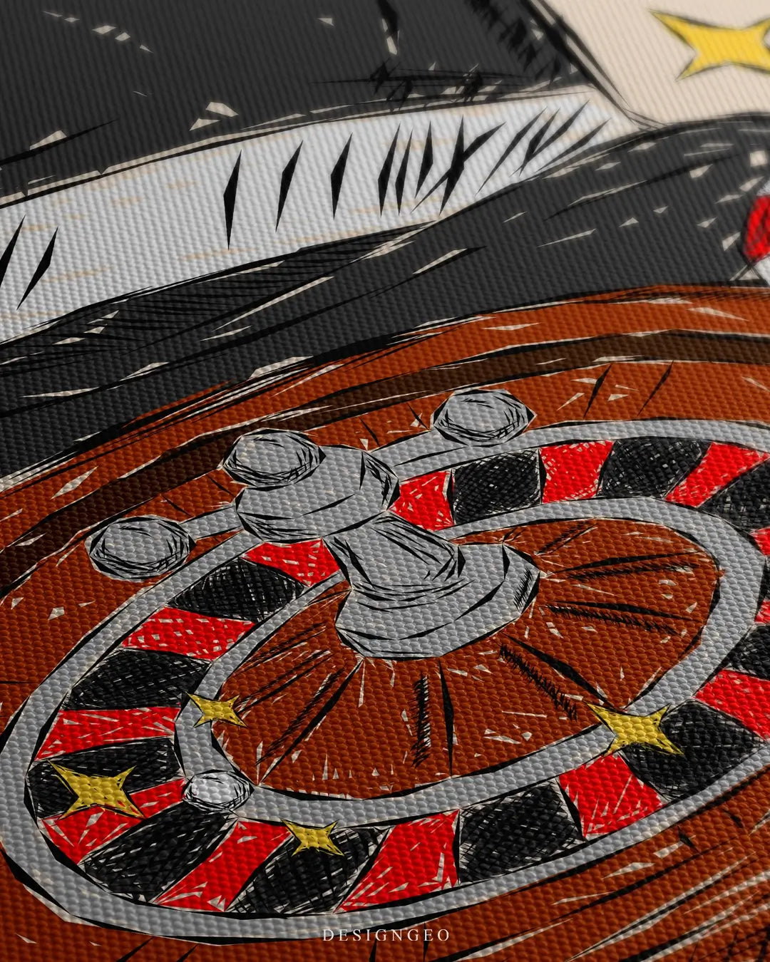Close-up of modern luxury wall art featuring minimalist Monaco casino elements like dice and playing cards on a neutral beige background
