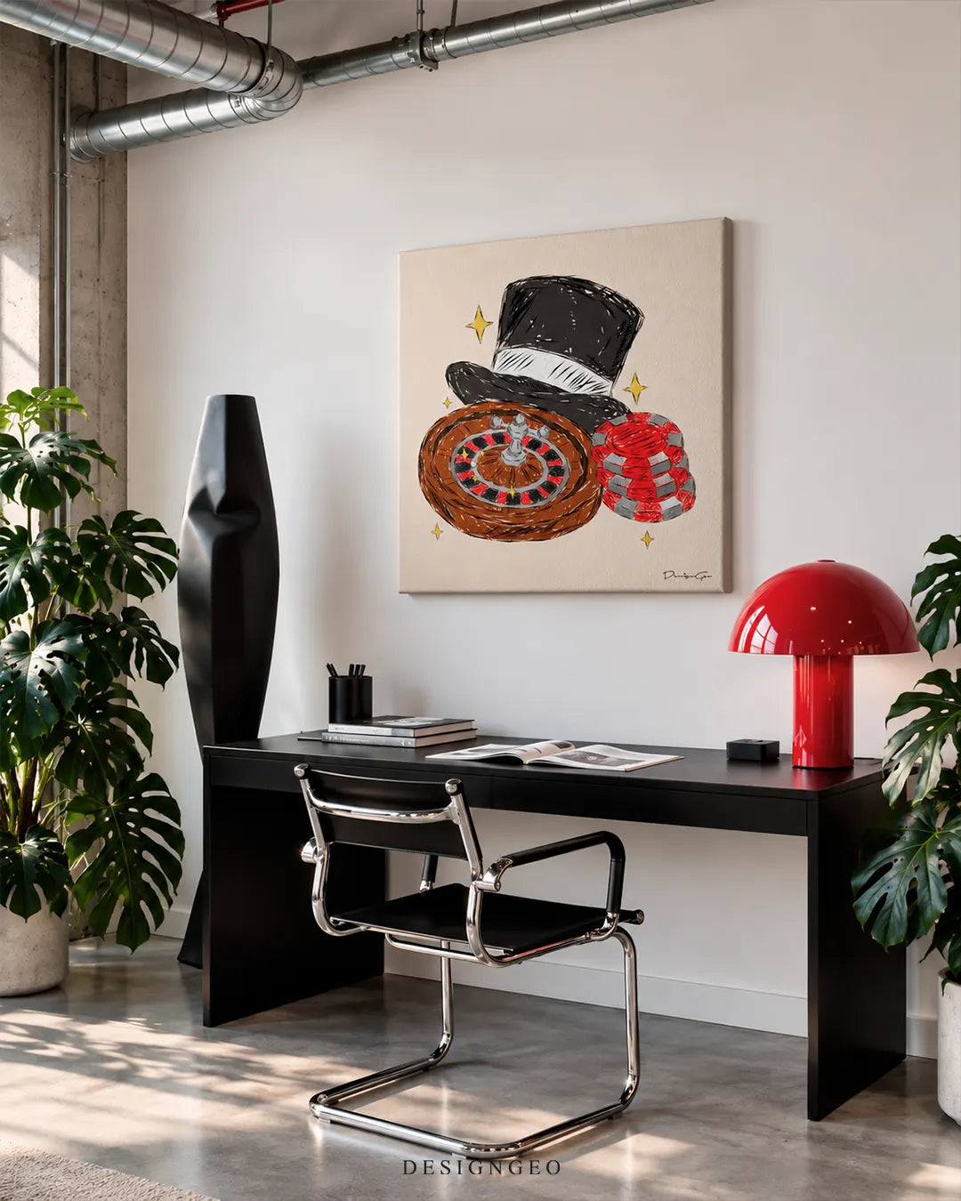 Casino roulette wheel black top hat and poker chips square canvas wall art displayed on a white wall in a modern industrial home office above a black desk with red table lamp 0.75 inch thin wrap
