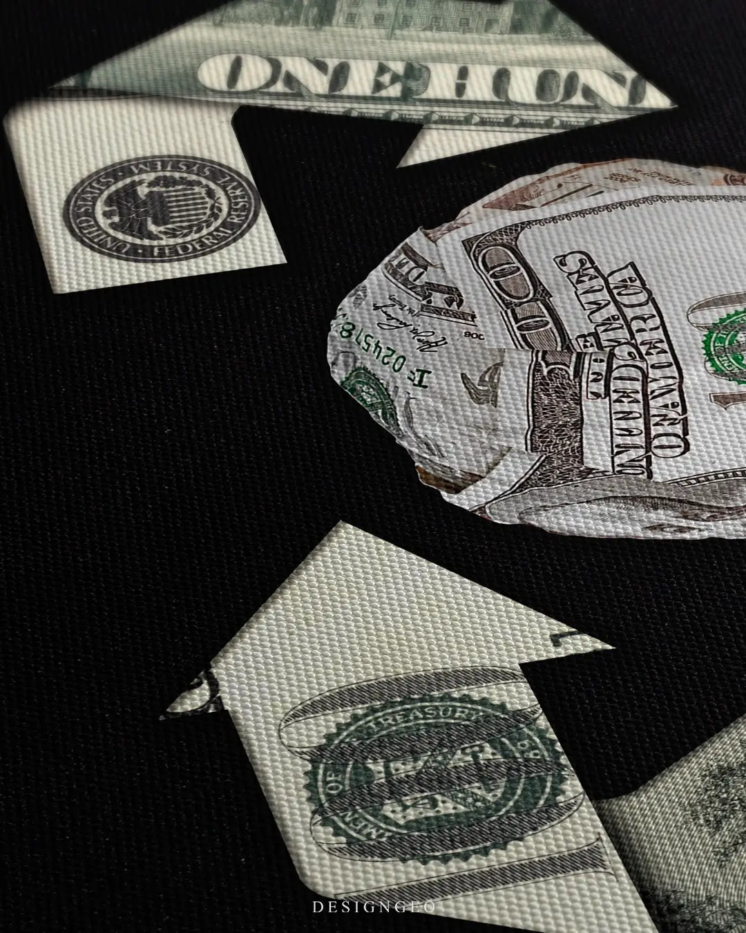 Close-up of motivational wall art featuring the phrase "Motion Equals Growth" with intricate hundred-dollar bill textures and currency engravings on each letter