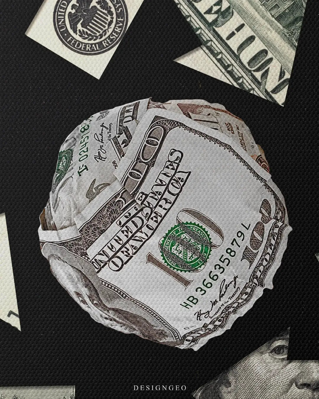 Inspirational typography illustration on canvas with the message "Motion Equals Growth" rendered in a realistic US dollar bill pattern against a deep black background