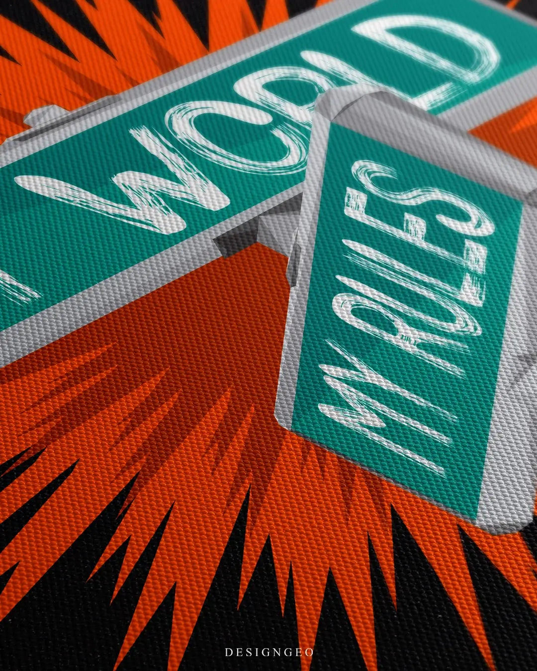 Close-up of modern pop art featuring a green and white road sign with the motivational phrase "My World My Rules" on a solid black background