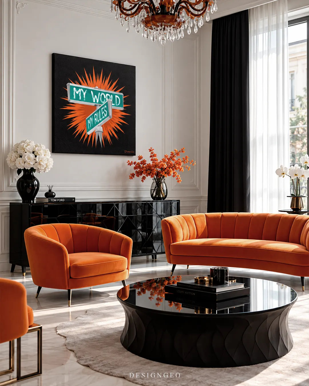 Green My World My Rules street sign square canvas wall art displayed on a white wainscoting wall in a luxury living room above a black credenza between orange sofas 0.75 inch thin wrap