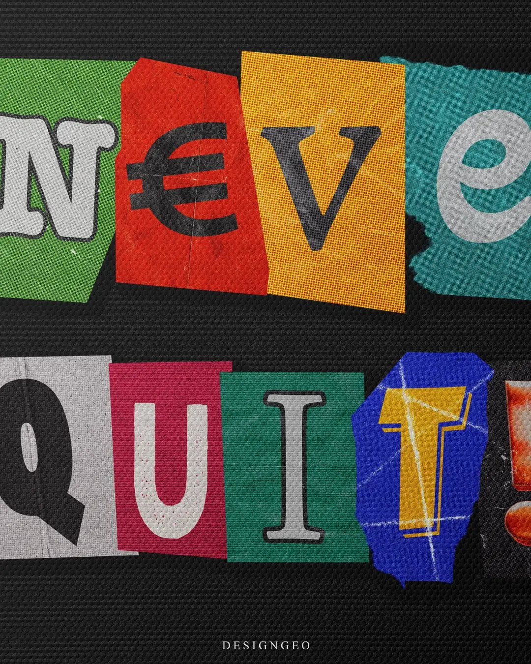 Artistic canvas illustration with the inspirational "Never Quit" message in vibrant colors, symbolizing resilience and the determination to succeed