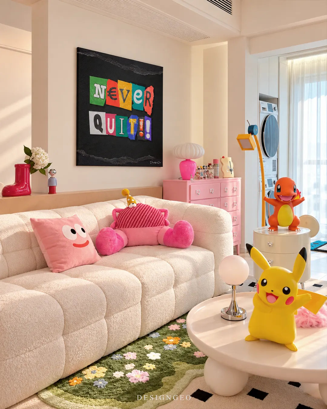 Never Quit motivational text cutout ransom note style square canvas wall art displayed on a beige wall in a colorful modern living room above a white bouclé sofa with Pokémon figures
