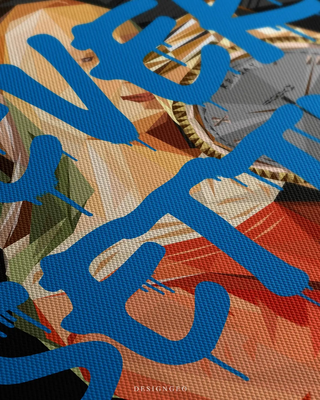 Close-up of modern motivational wall art featuring the "Never Settle" quote in a vibrant electric blue graffiti font on a solid black background