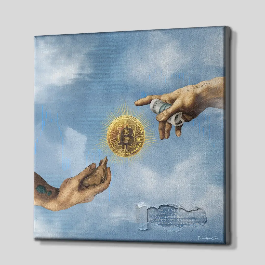Side view of the Metaverse Bitcoin creation canvas wall art, highlighting the premium gallery wrap finish and 3D depth of the square frame