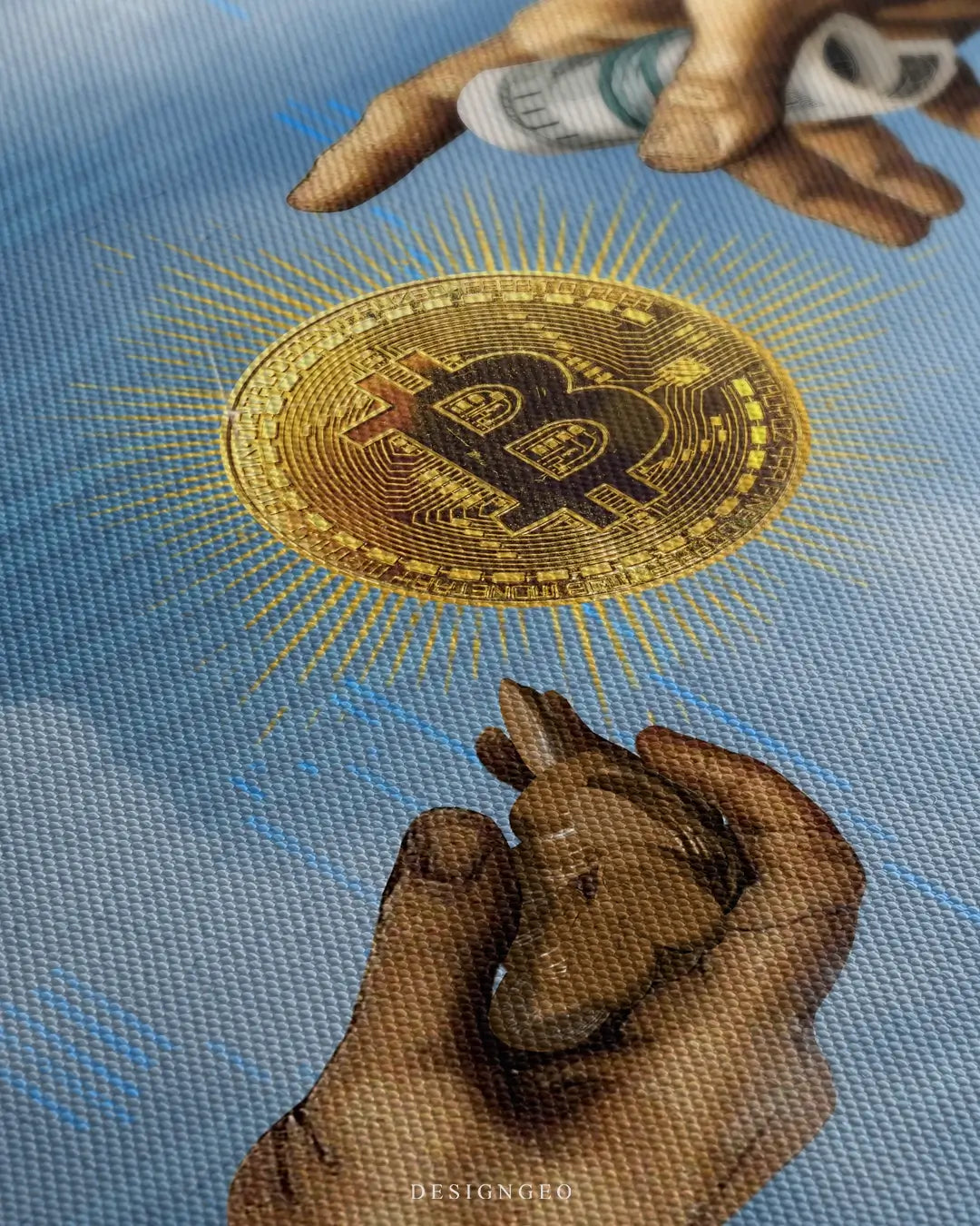 Close-up of Bitcoin canvas art showing a hand reaching for a golden BTC coin with digital circuit patterns and print textures