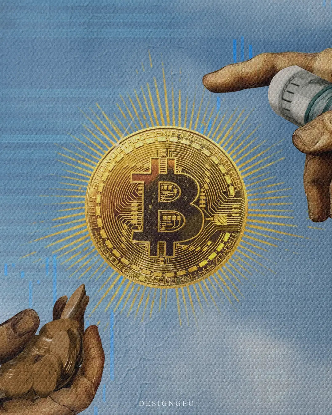 A futuristic Metaverse version of The Creation of Adam painting on canvas, featuring a human and a robotic hand reaching for a Bitcoin against a blue sky