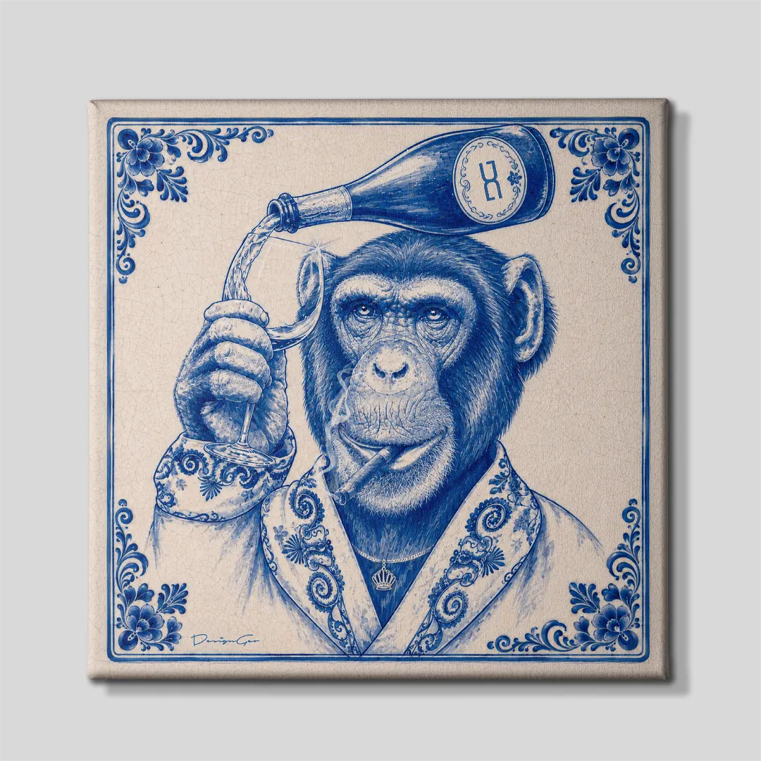 Front view of a square canvas print featuring a blue ink illustration of a chimpanzee in a luxury ornate robe, smoking a cigar and pouring champagne from a bottle into a glass against an off-white background with decorative blue corner borders