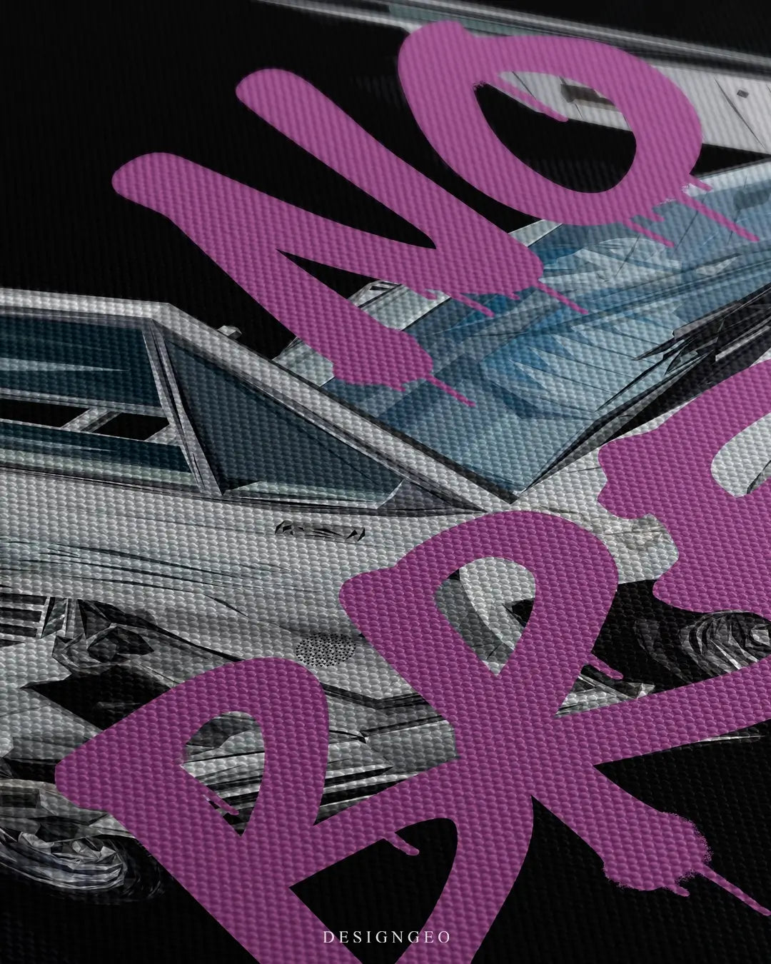 Close-up of urban wall art featuring the phrase No Breaks in purple graffiti style over the wreckage of a crashed exotic supercar on a black background