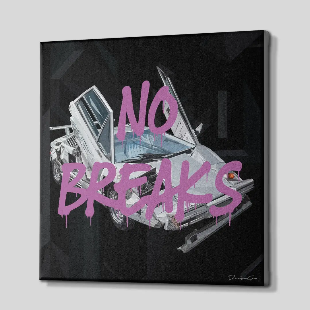 Side angle of the purple graffiti and crashed car canvas print, highlighting the high-quality gallery wrap finish and professional 3D frame depth