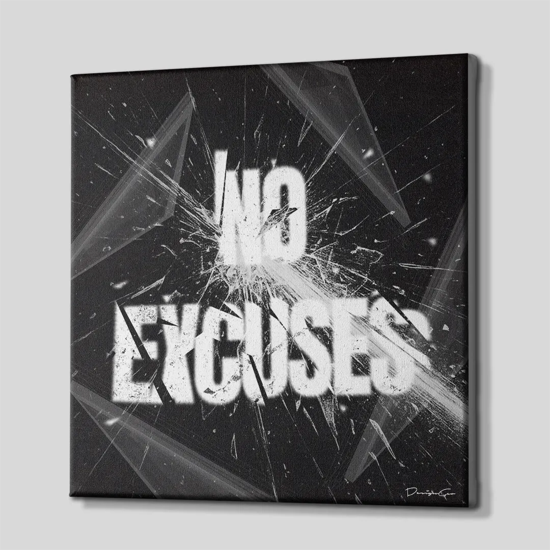 Three-quarter side angle of the No Excuses motivational canvas wall art showing gallery-wrapped dark edges mounted on a wooden frame