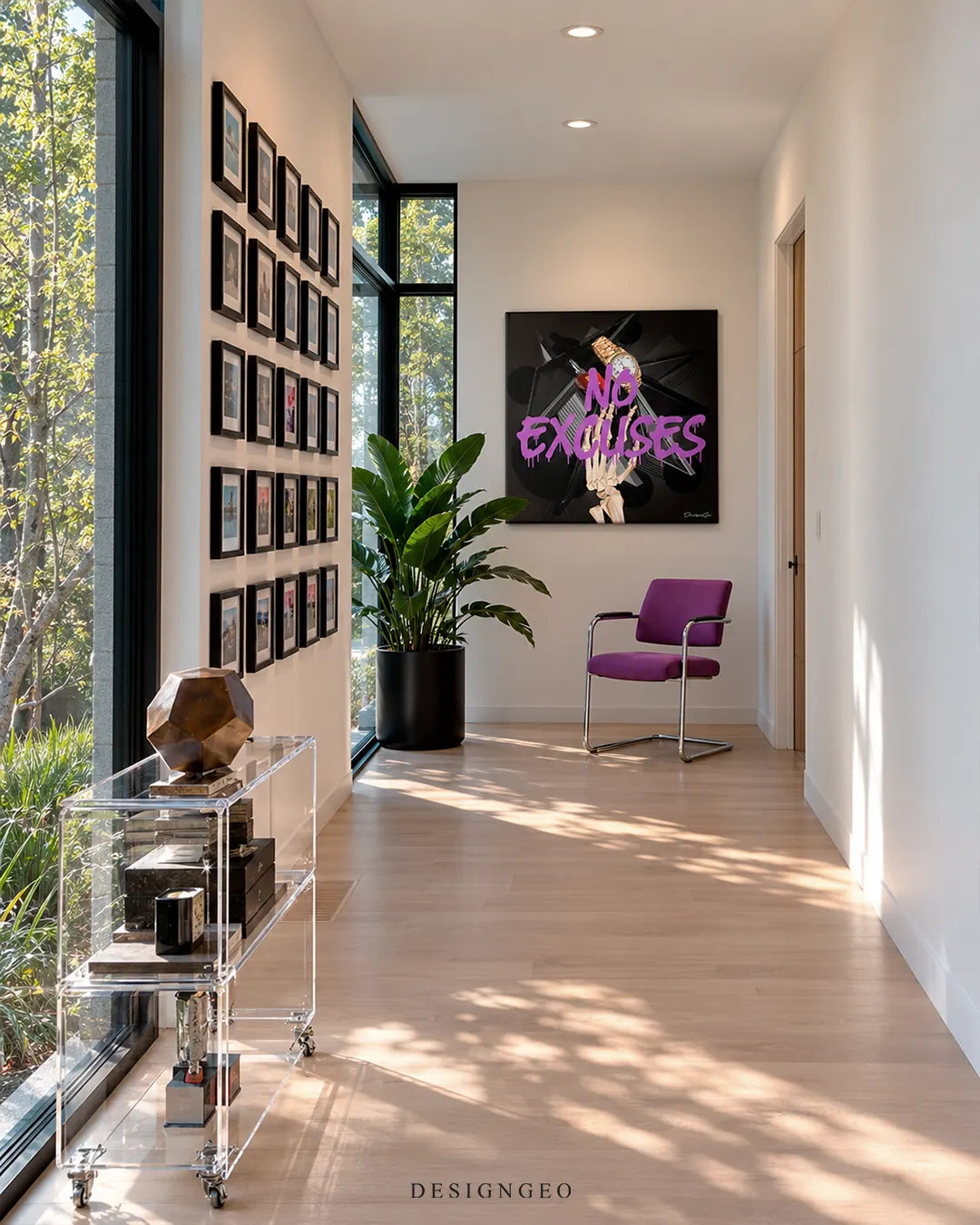No Excuses skeleton hand with watch purple typography square canvas wall art mounted on wall in modern hallway above purple armchair 0.75 inch thin wrap
