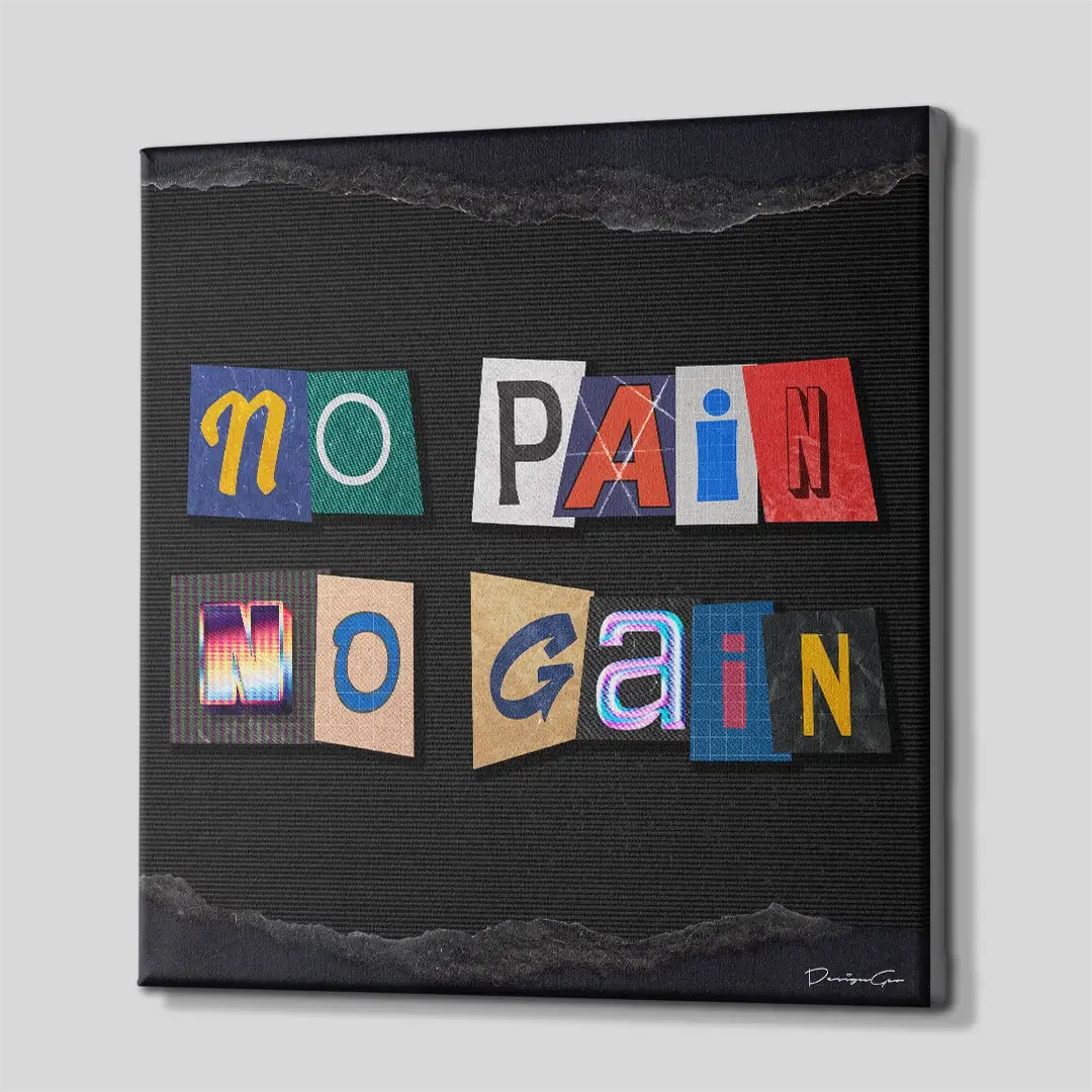 Side angle of the vibrant No Pain No Gain typography canvas print, highlighting the high-quality gallery wrap finish and professional 3D frame depth