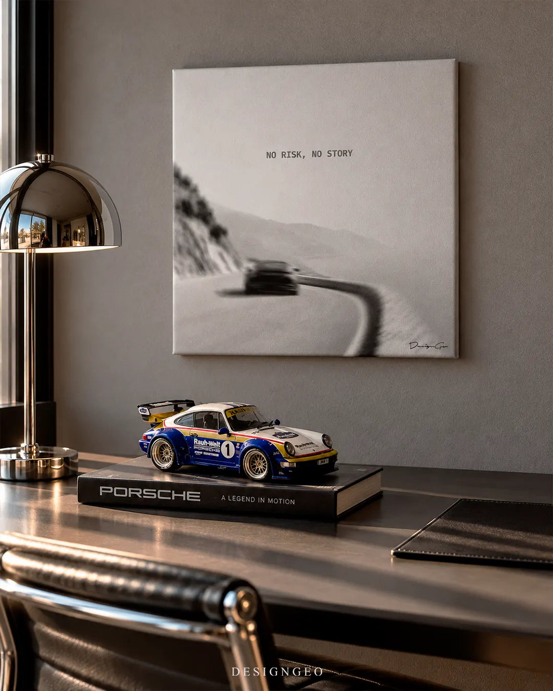 No Risk No Story sports car mountain road black and white square canvas wall art mounted on wall in home office above desk with scale Porsche car model 0.75 inch thin wrap
