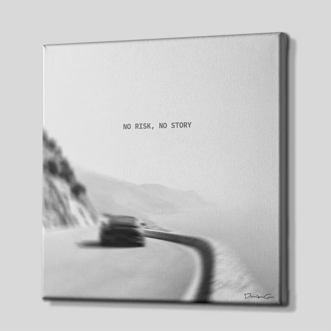 Side perspective view of black and white square canvas art showing sports car coastal road design with white gallery wrapped edge 0.75 inch thin wrap