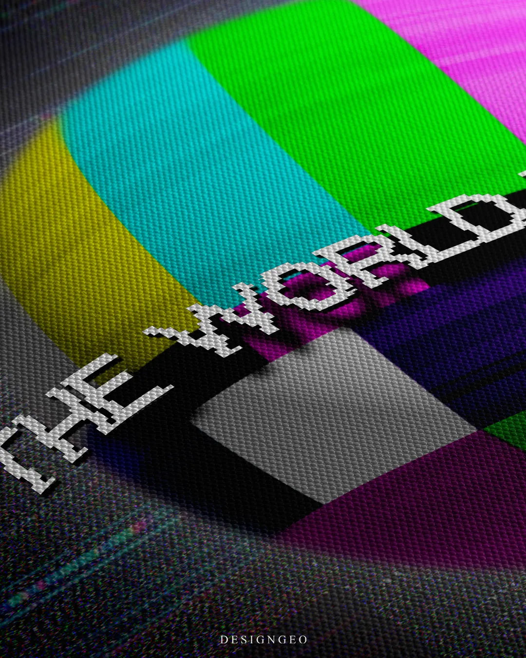 Extreme angled close-up of the glitch art canvas, showing the 3D texture of the ransomware-style letters over the geometric TV signal bars with DesignGeo watermark at the bottom