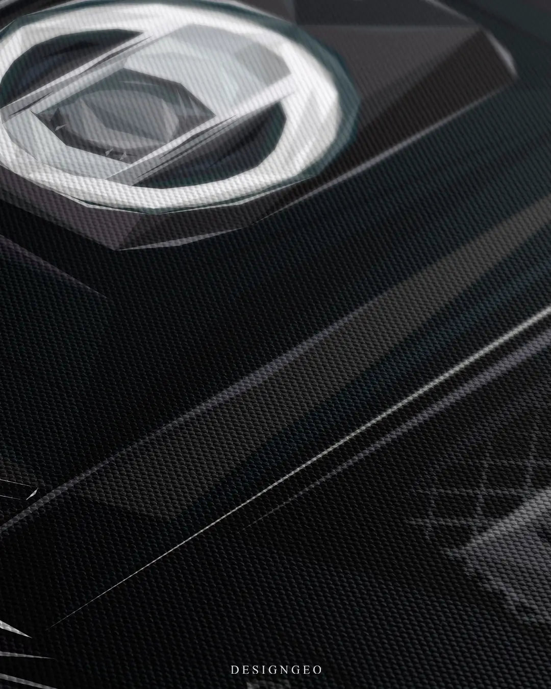 Close-up of luxury automotive art showing the front grille of a black SUV with detailed carbon fiber patterns and glowing LED headlights on a dark background