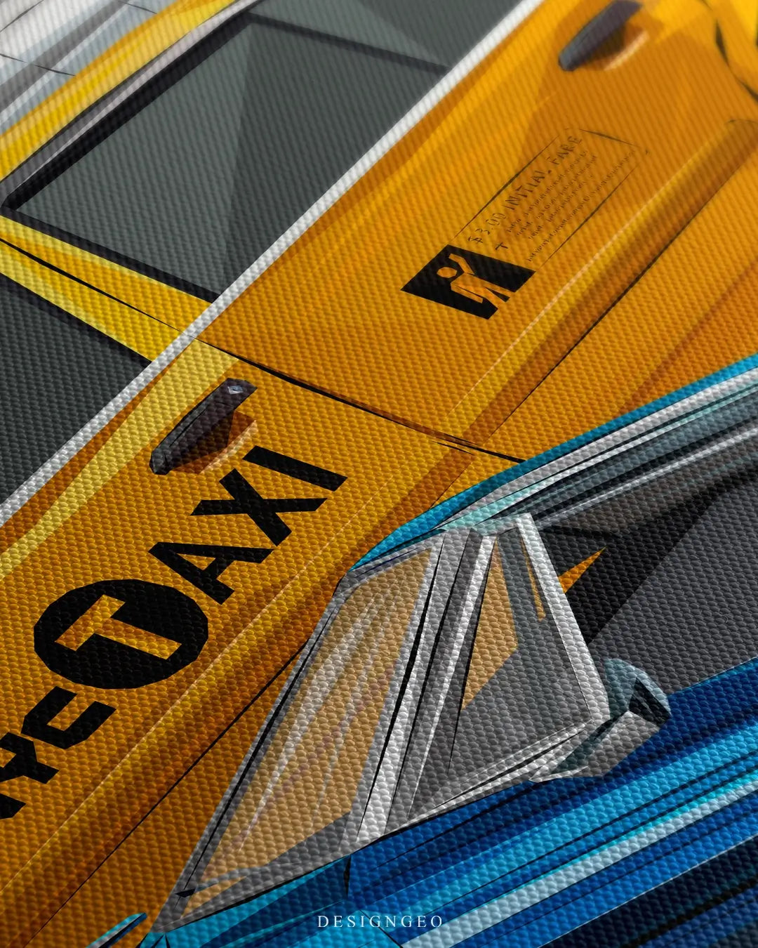 Close-up of vibrant NYC traffic wall art featuring iconic yellow taxis and modern cars in a colorful pop art style on a colorful background