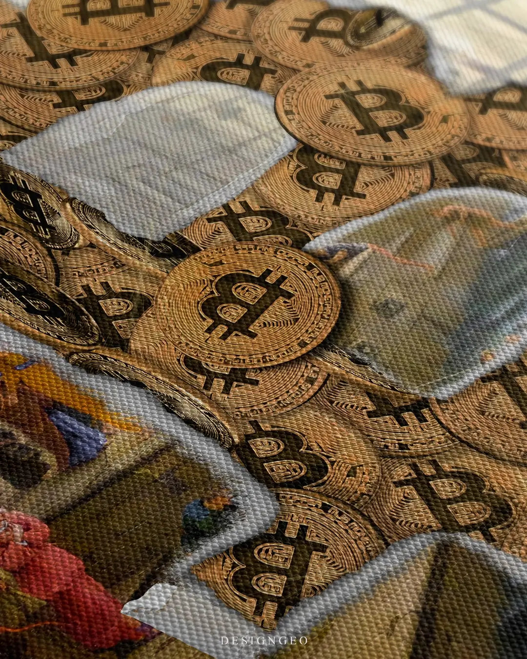 Close-up of a vintage-style oil painting featuring golden Bitcoin coins subtly integrated into a classical still life scene with warm, intense earth tones